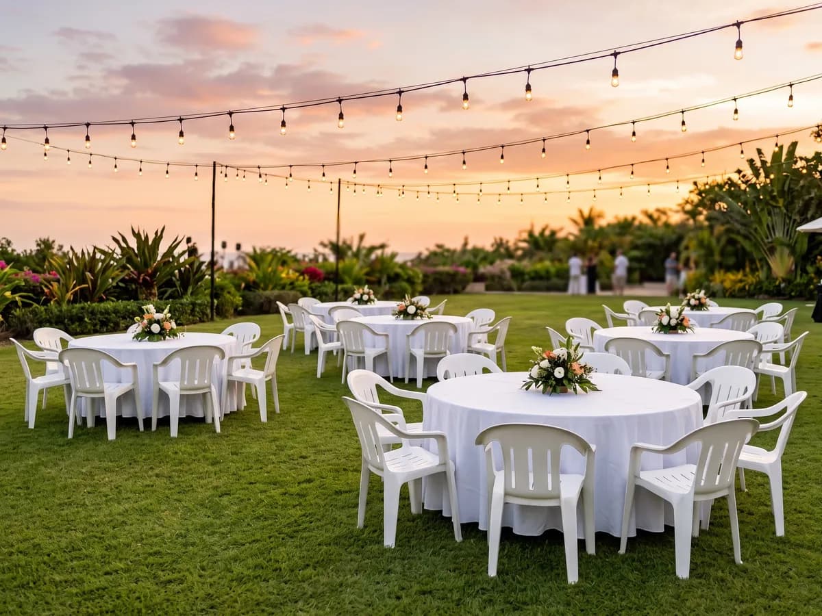Jardín de eventos al atardecer con mesas redondas de mantel blanco y sillas blancas