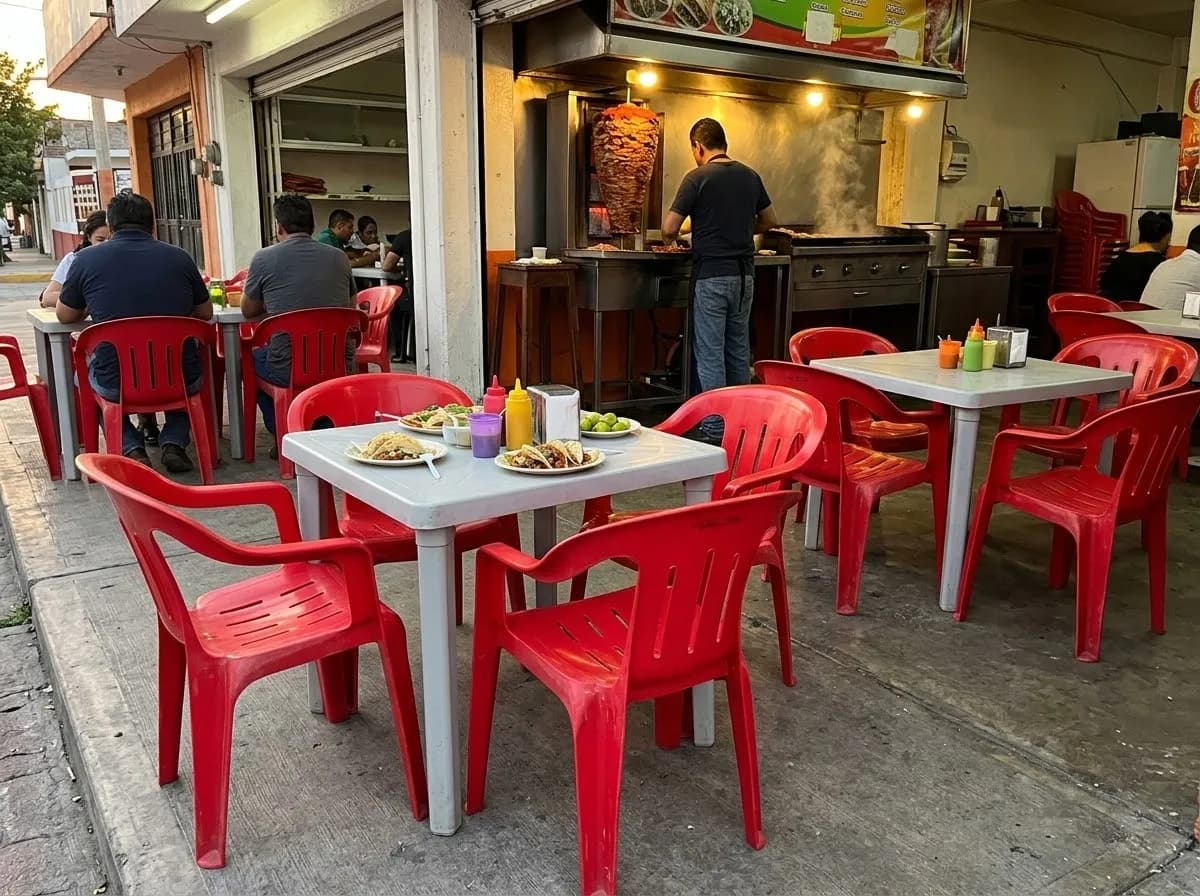 Taquería abierta a la calle con sillas rojas y tacos servidos en la mesa